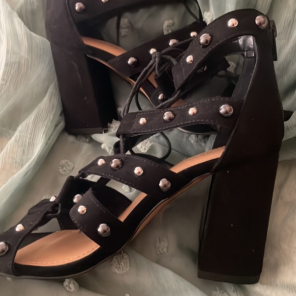Express Black and Silver Strappy Heels with Studded Details - Picture 3 of 9